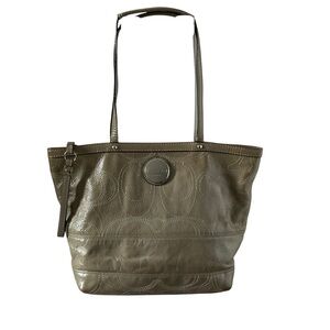 Vintage Coach stitch outline C signature olive grey patent leather tote